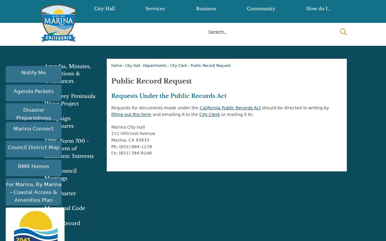 Marina people search city public records request page