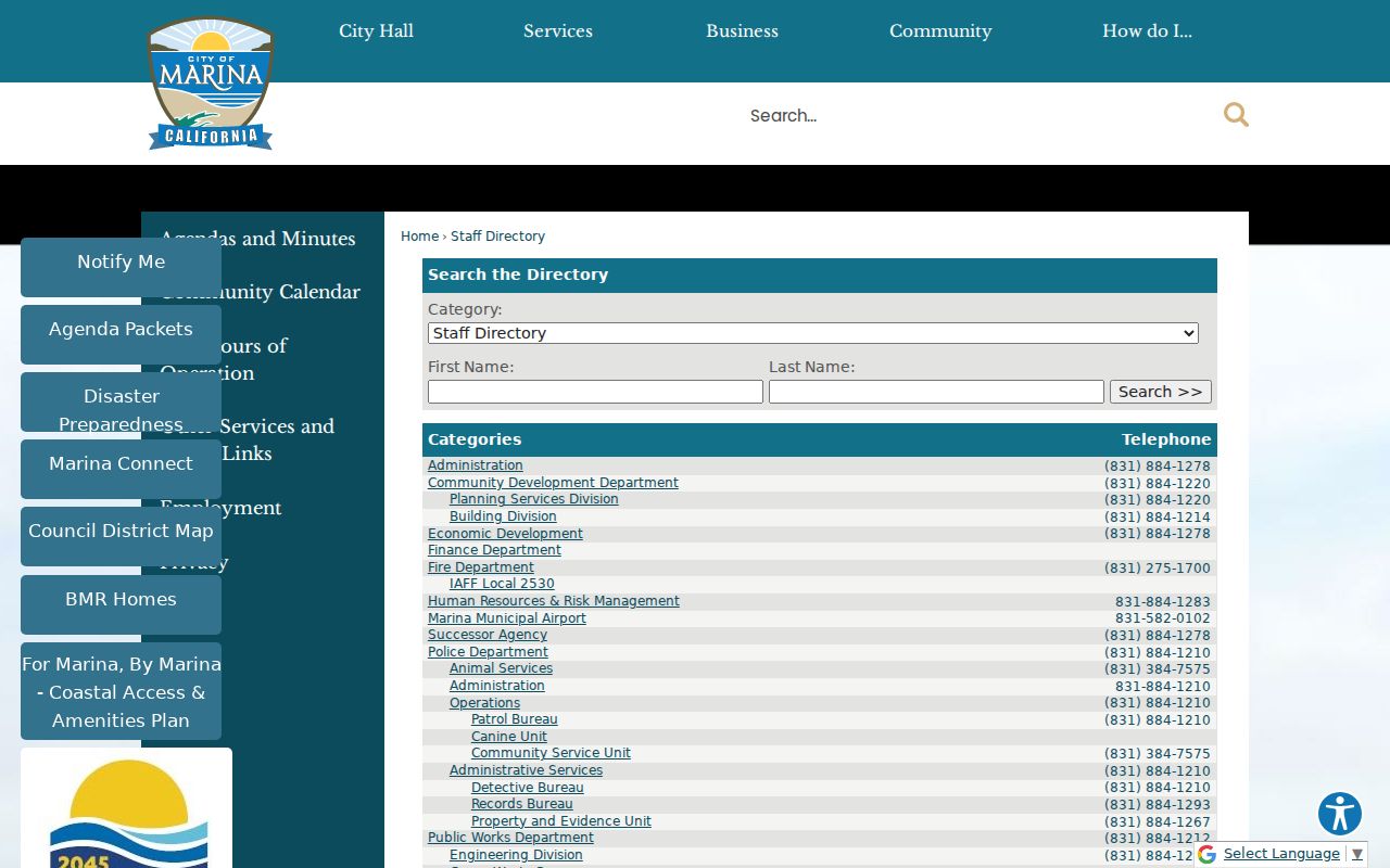 Marina people directories city staff search fields