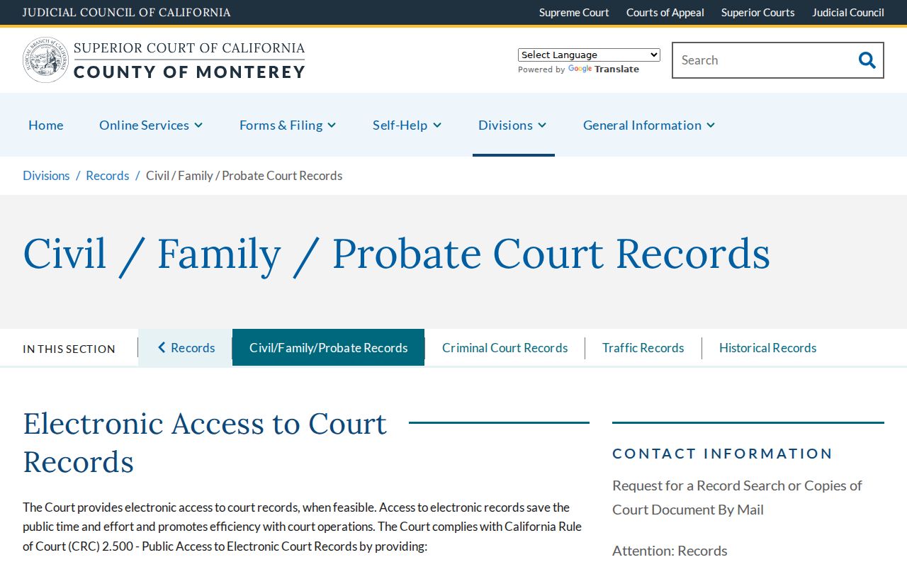 Marina public records civil family and probate access page